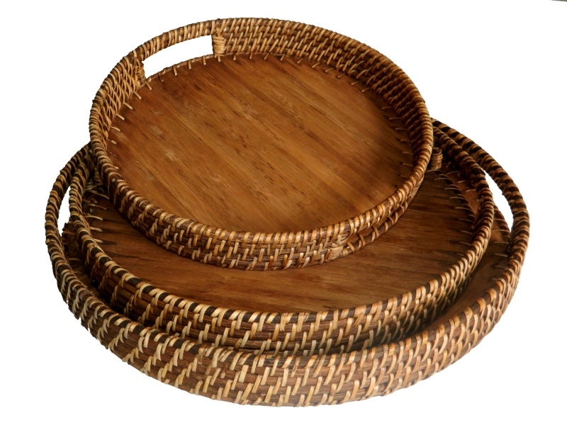 Premium Round Rattan Bamboo Serving Tray Set with Integrated Handles - Sustainable Home & Hospitality